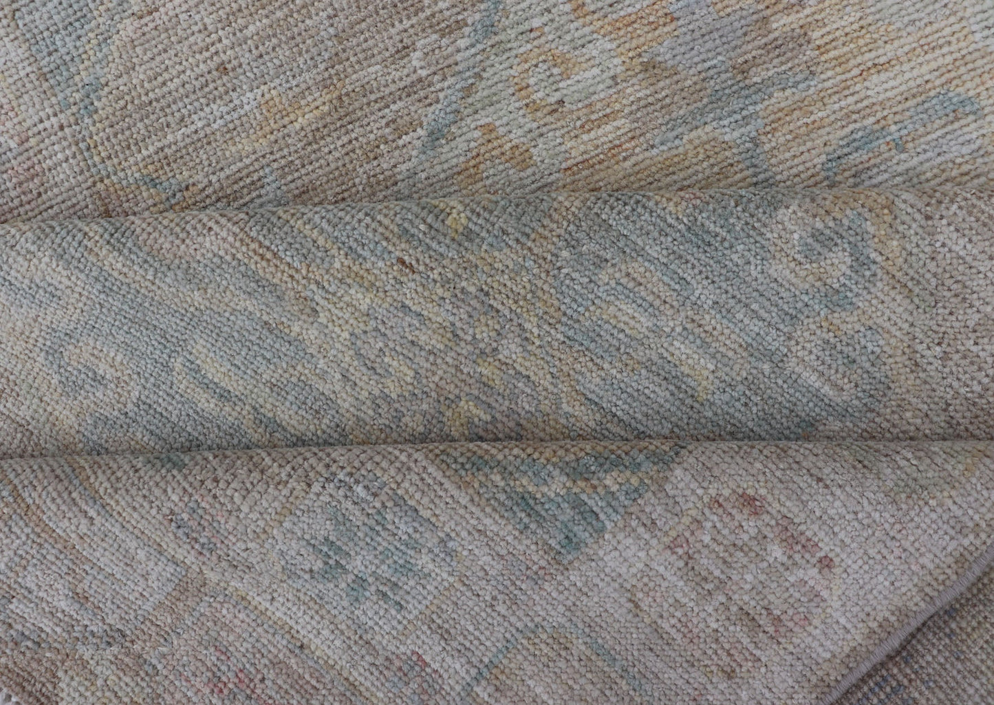 Hand Knotted Modern Oushak on Light Taupe Background with Light Coral L. Blue. Keivan Woven Arts: rug AWR - 3511 Country of Origin: Afghanistan Type: Oushak Circa: 2020 Measures: 3'0 x 12'5 Modern hand - knotted Oushak runner with tribal meda... - Keivan Woven ArtsAWR - 3511 - 15482Rug