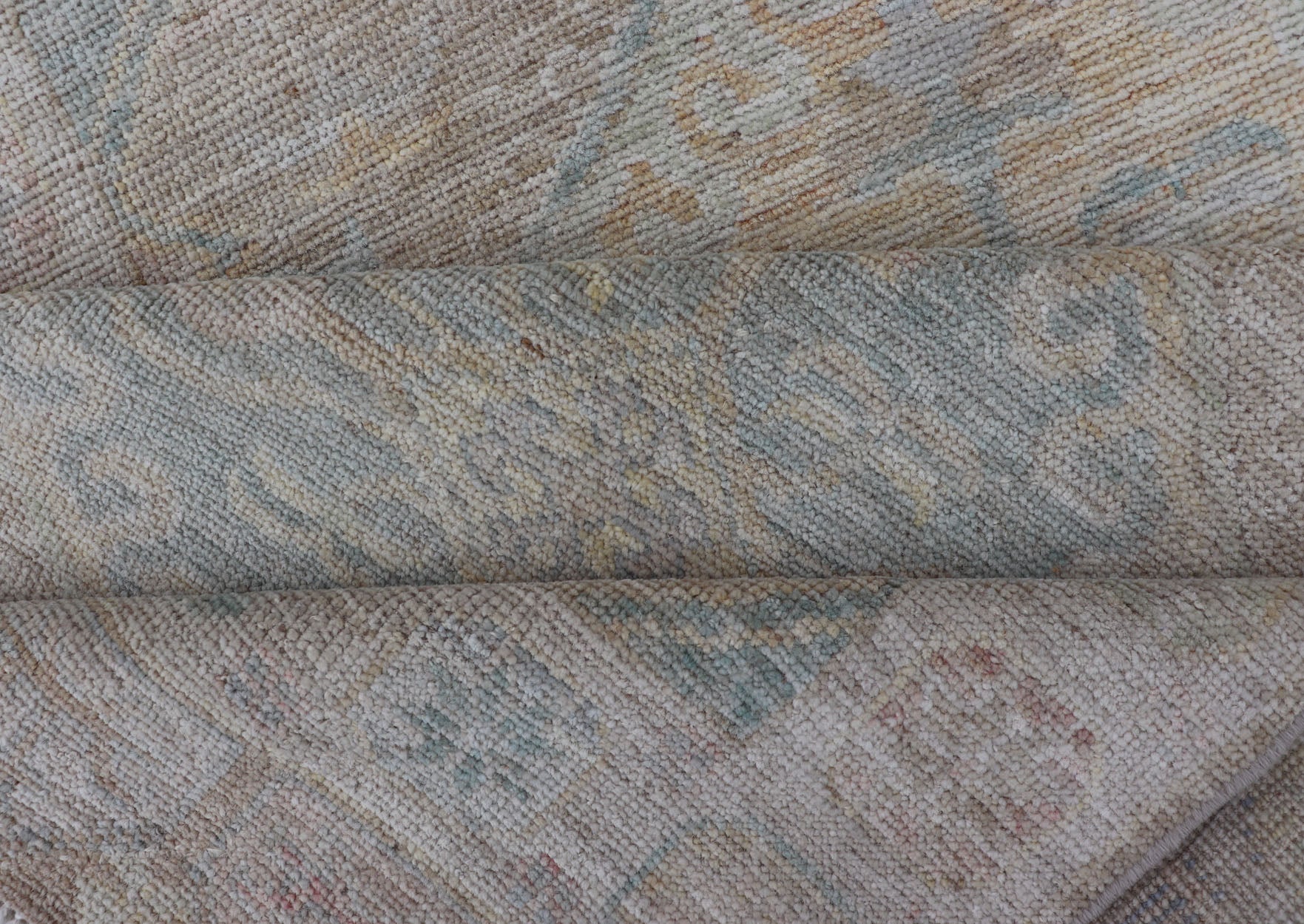 Hand Knotted Modern Oushak on Light Taupe Background with Light Coral L. Blue. Keivan Woven Arts: rug AWR - 3511 Country of Origin: Afghanistan Type: Oushak Circa: 2020 Measures: 3'0 x 12'5 Modern hand - knotted Oushak runner with tribal meda... - Keivan Woven ArtsAWR - 3511 - 15482Rug
