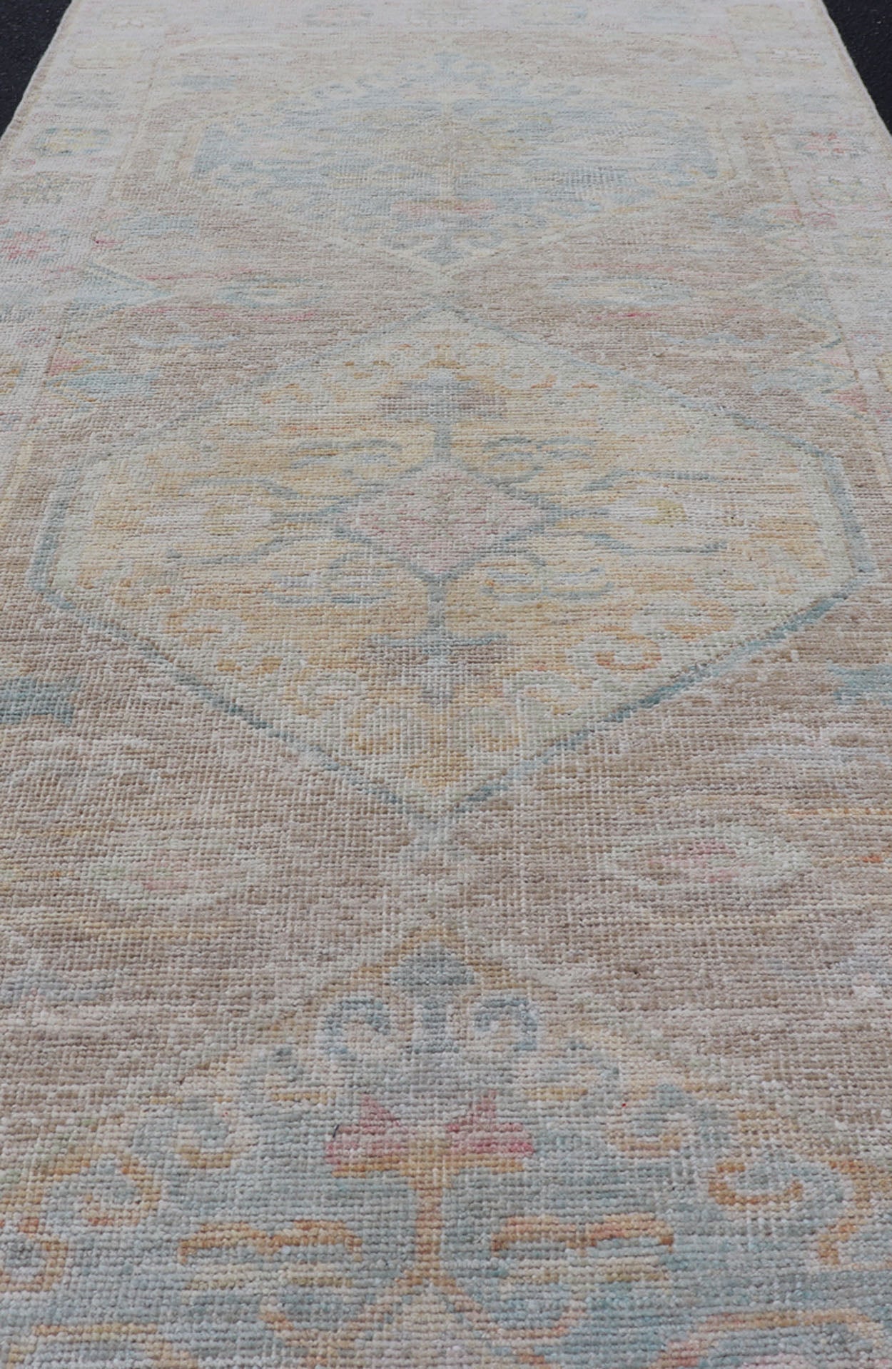 Hand Knotted Modern Oushak on Light Taupe Background with Light Coral L. Blue. Keivan Woven Arts: rug AWR - 3511 Country of Origin: Afghanistan Type: Oushak Circa: 2020 Measures: 3'0 x 12'5 Modern hand - knotted Oushak runner with tribal meda... - Keivan Woven ArtsAWR - 3511 - 15482Rug