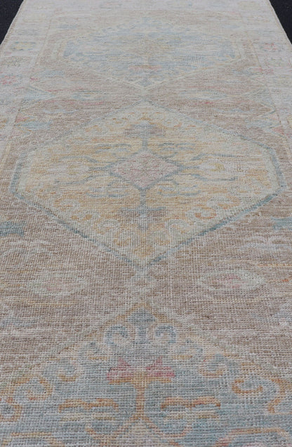 Hand Knotted Modern Oushak on Light Taupe Background with Light Coral L. Blue. Keivan Woven Arts: rug AWR - 3511 Country of Origin: Afghanistan Type: Oushak Circa: 2020 Measures: 3'0 x 12'5 Modern hand - knotted Oushak runner with tribal meda... - Keivan Woven ArtsAWR - 3511 - 15482Rug