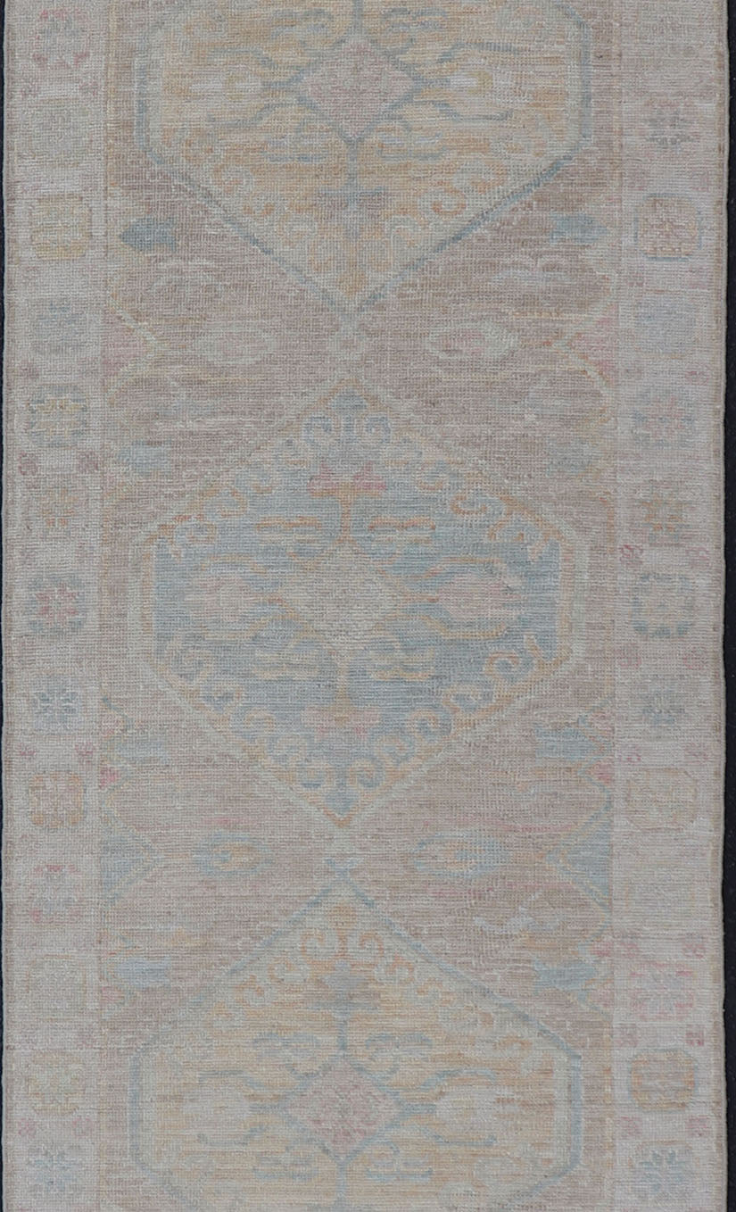 Hand Knotted Modern Oushak on Light Taupe Background with Light Coral L. Blue. Keivan Woven Arts: rug AWR - 3511 Country of Origin: Afghanistan Type: Oushak Circa: 2020 Measures: 3'0 x 12'5 Modern hand - knotted Oushak runner with tribal meda... - Keivan Woven ArtsAWR - 3511 - 15482Rug