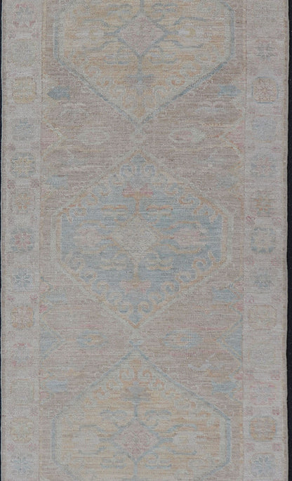 Hand Knotted Modern Oushak on Light Taupe Background with Light Coral L. Blue. Keivan Woven Arts: rug AWR - 3511 Country of Origin: Afghanistan Type: Oushak Circa: 2020 Measures: 3'0 x 12'5 Modern hand - knotted Oushak runner with tribal meda... - Keivan Woven ArtsAWR - 3511 - 15482Rug