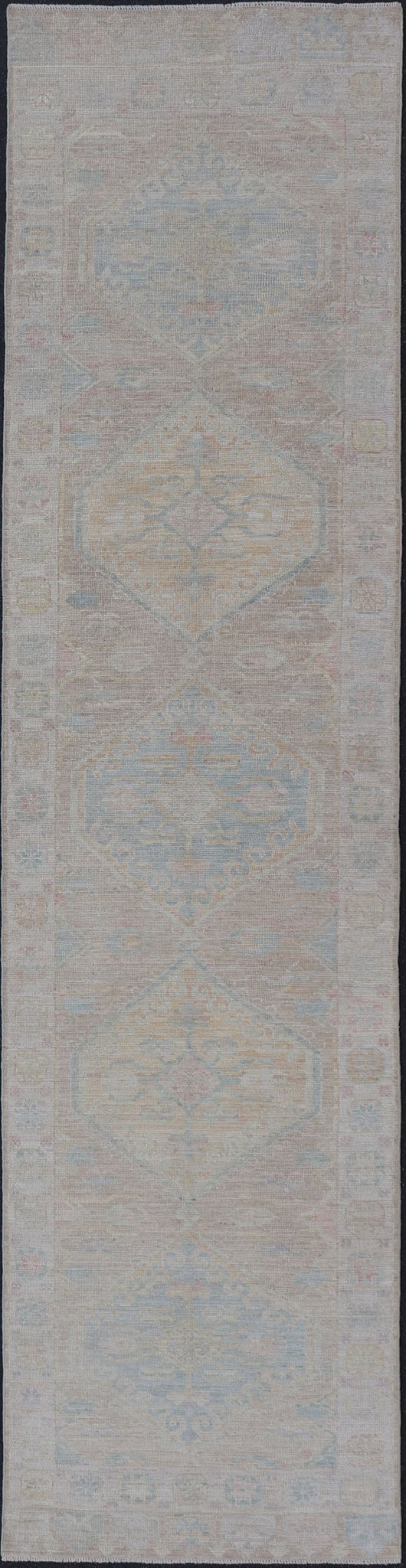 Hand Knotted Modern Oushak on Light Taupe Background with Light Coral L. Blue. Keivan Woven Arts: rug AWR - 3511 Country of Origin: Afghanistan Type: Oushak Circa: 2020 Measures: 3'0 x 12'5 Modern hand - knotted Oushak runner with tribal meda... - Keivan Woven ArtsAWR - 3511 - 15482