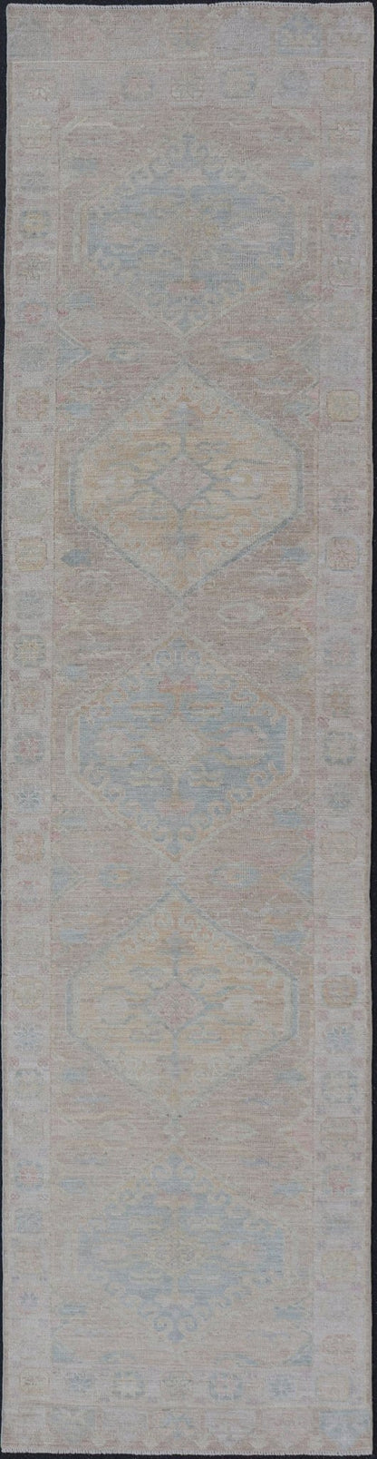 Hand Knotted Modern Oushak on Light Taupe Background with Light Coral L. Blue. Keivan Woven Arts: rug AWR - 3511 Country of Origin: Afghanistan Type: Oushak Circa: 2020 Measures: 3'0 x 12'5 Modern hand - knotted Oushak runner with tribal meda... - Keivan Woven ArtsAWR - 3511 - 15482Rug