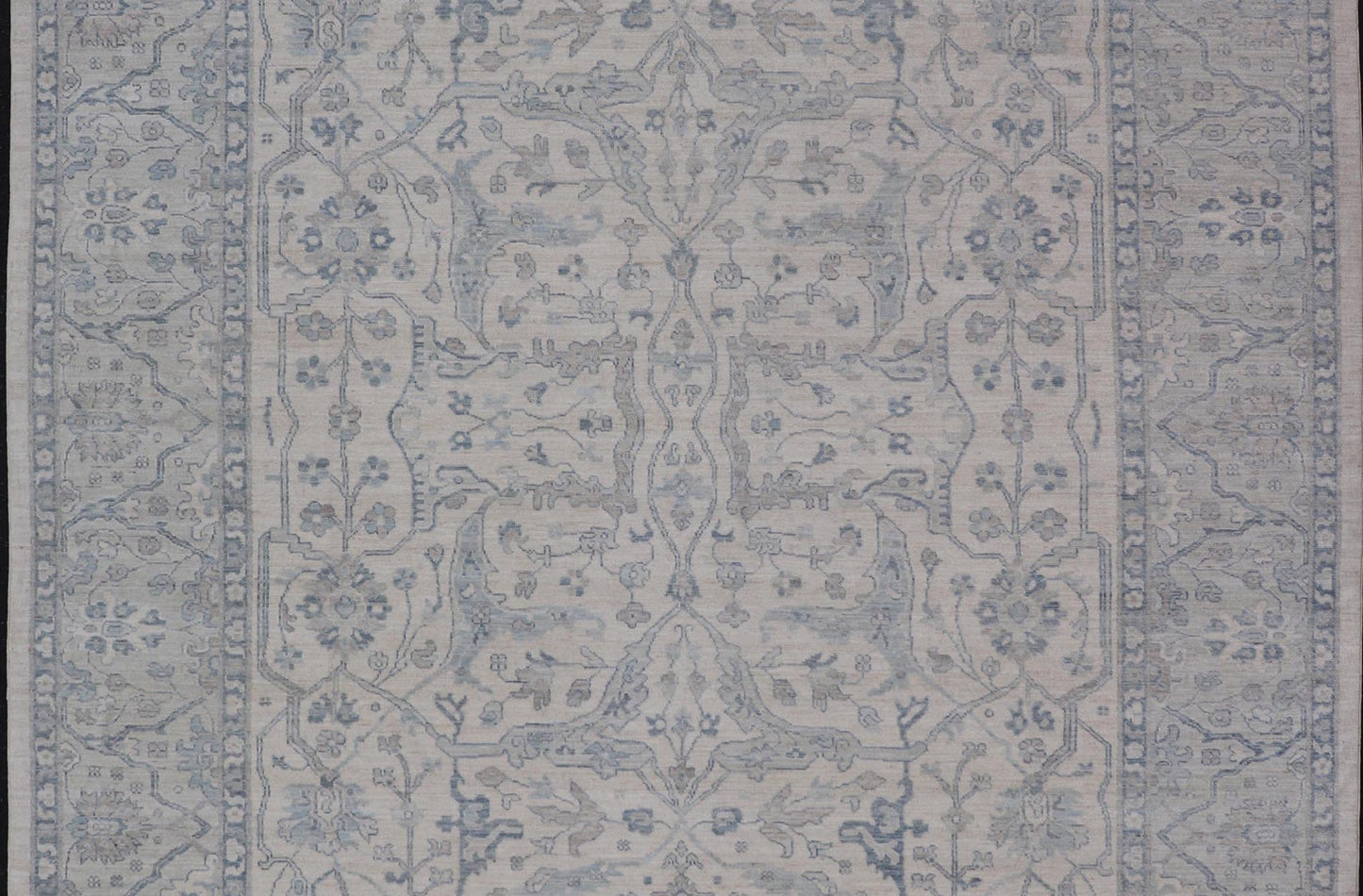Measures: 10'6 x 14'0 Keivan Woven Arts Modern Oushak on Light Cream Background and Blue Design. Keivan Woven Arts; rug AWR - 355 Country of Origin: Afghanistan Type: Oushak Design. The border and field are covered in floral - like motifs filled wit... - Keivan Woven ArtsAWR - 355 - 27442Rug