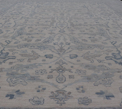 Measures: 10'6 x 14'0 Keivan Woven Arts Modern Oushak on Light Cream Background and Blue Design. Keivan Woven Arts; rug AWR - 355 Country of Origin: Afghanistan Type: Oushak Design. The border and field are covered in floral - like motifs filled wit... - Keivan Woven ArtsAWR - 355 - 27442Rug