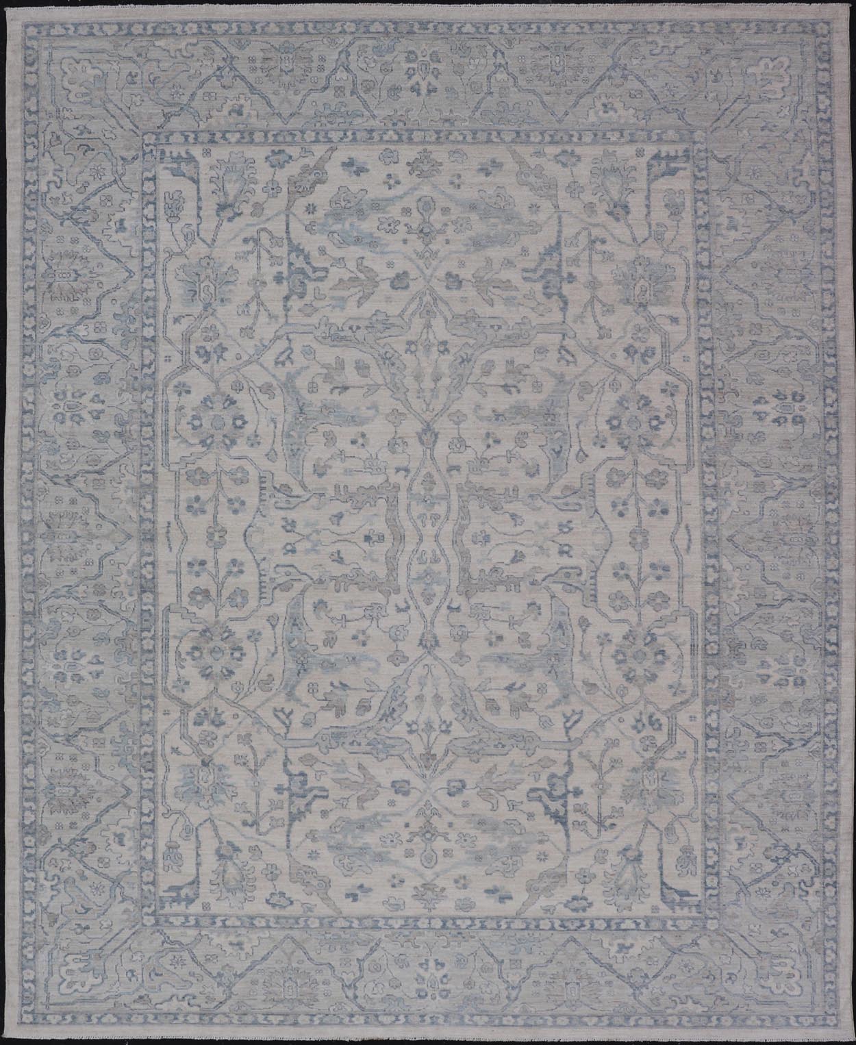 Measures: 10'6 x 14'0 Keivan Woven Arts Modern Oushak on Light Cream Background and Blue Design. Keivan Woven Arts; rug AWR - 355 Country of Origin: Afghanistan Type: Oushak Design. The border and field are covered in floral - like motifs filled wit... - Keivan Woven ArtsAWR - 355 - 27442Rug