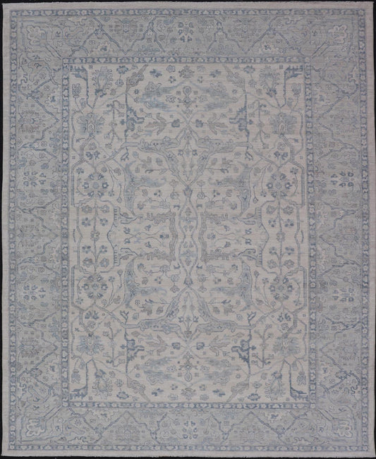 Measures: 10'6 x 14'0 Keivan Woven Arts Modern Oushak on Light Cream Background and Blue Design. Keivan Woven Arts; rug AWR - 355 Country of Origin: Afghanistan Type: Oushak Design. The border and field are covered in floral - like motifs filled wit... - Keivan Woven ArtsAWR - 355 - 27442Rug