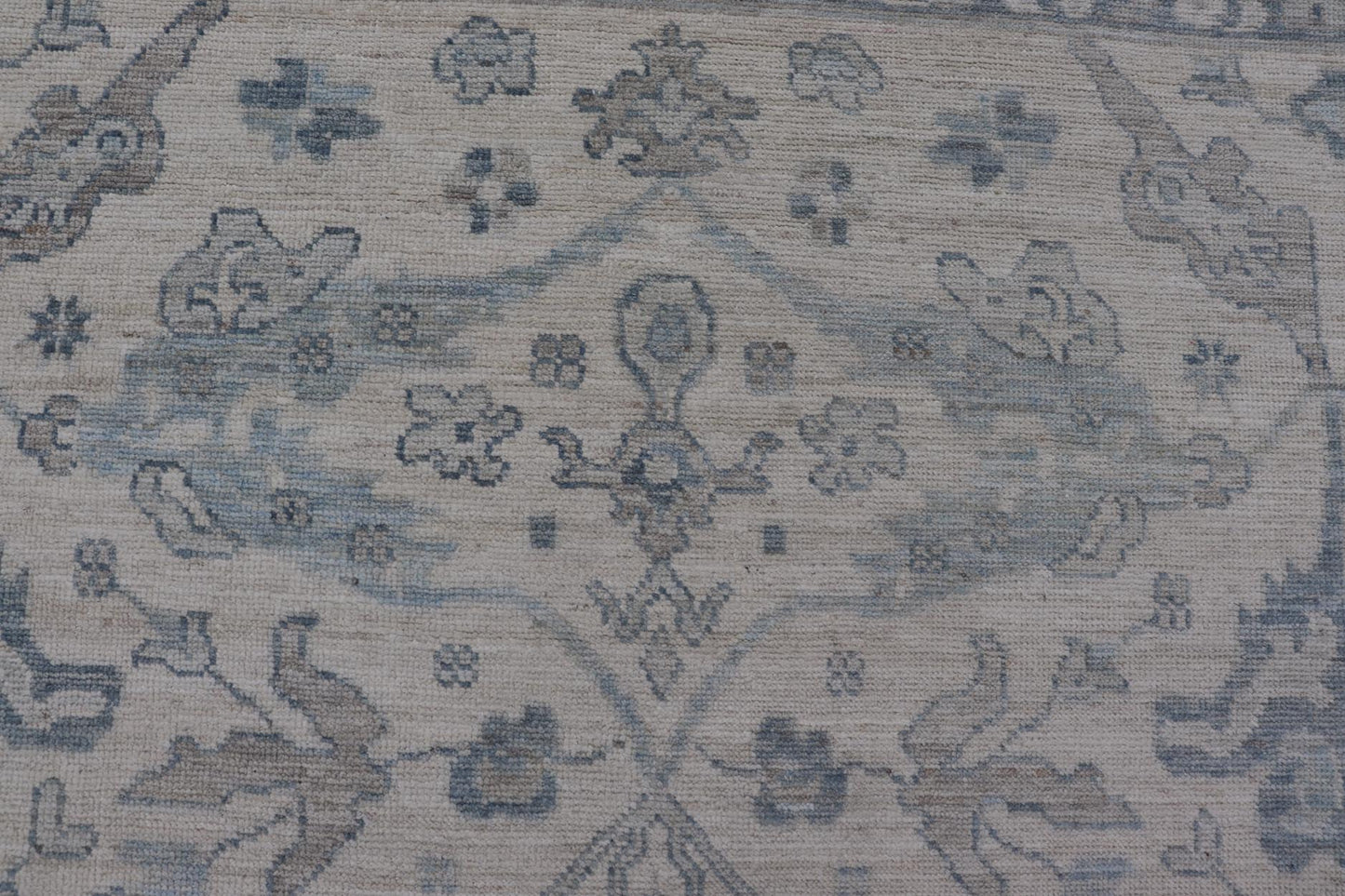 Measures: 10'6 x 14'0 Keivan Woven Arts Modern Oushak on Light Cream Background and Blue Design. Keivan Woven Arts; rug AWR - 355 Country of Origin: Afghanistan Type: Oushak Design. The border and field are covered in floral - like motifs filled wit... - Keivan Woven ArtsAWR - 355 - 27442Rug