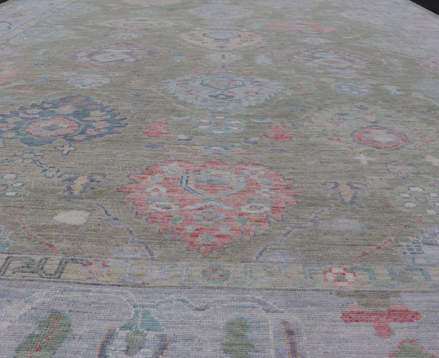 Measures: 9'1 x 12'0 Keivan Woven Arts Hand - Knotted Transitional Neutral Oushak Rug. Keivan Woven Arts; rug AWR - 378 / Country of Origin: Afghanistan Type: Oushak Design: All - Over, Floral. Above lays a modest Oushak - styled floral design reaching... - Keivan Woven ArtsAWR - 378 - 27448Rug
