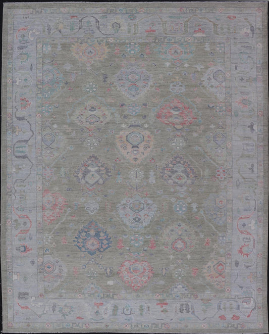Measures: 9'1 x 12'0 Keivan Woven Arts Hand - Knotted Transitional Neutral Oushak Rug. Keivan Woven Arts; rug AWR - 378 / Country of Origin: Afghanistan Type: Oushak Design: All - Over, Floral. Above lays a modest Oushak - styled floral design reaching... - Keivan Woven ArtsAWR - 378 - 27448Rug