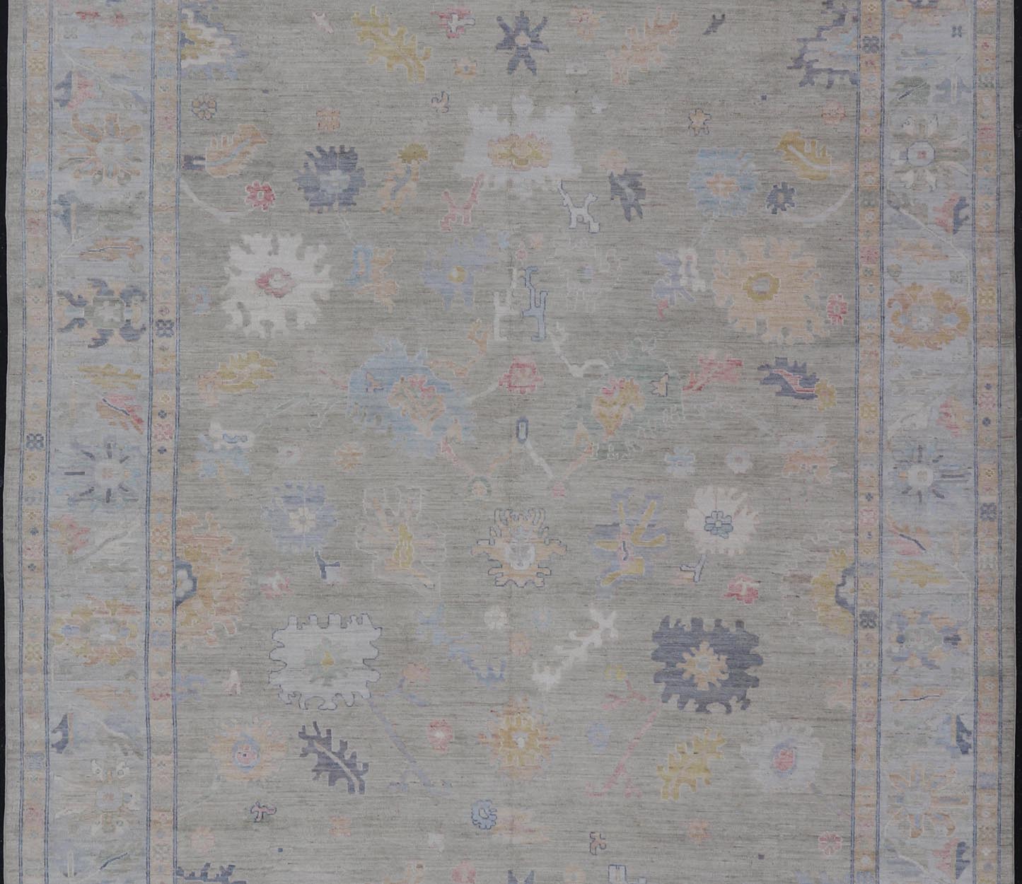 Measures: 12'1 x 17'10 Modern Large Oushak by Keivan Woven Arts with Floral Motifs. Keivan Woven Arts; rug AWR - 405 Country of Origin: Afghanistan Type: Oushak Design. This large Oushak has a border and background that are covered in floral - l... - Keivan Woven ArtsAWR - 405 - 27454Rug
