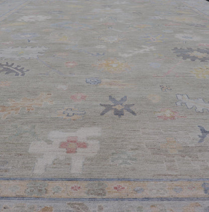 Measures: 12'1 x 17'10 Modern Large Oushak by Keivan Woven Arts with Floral Motifs. Keivan Woven Arts; rug AWR - 405 Country of Origin: Afghanistan Type: Oushak Design. This large Oushak has a border and background that are covered in floral - l... - Keivan Woven ArtsAWR - 405 - 27454Rug