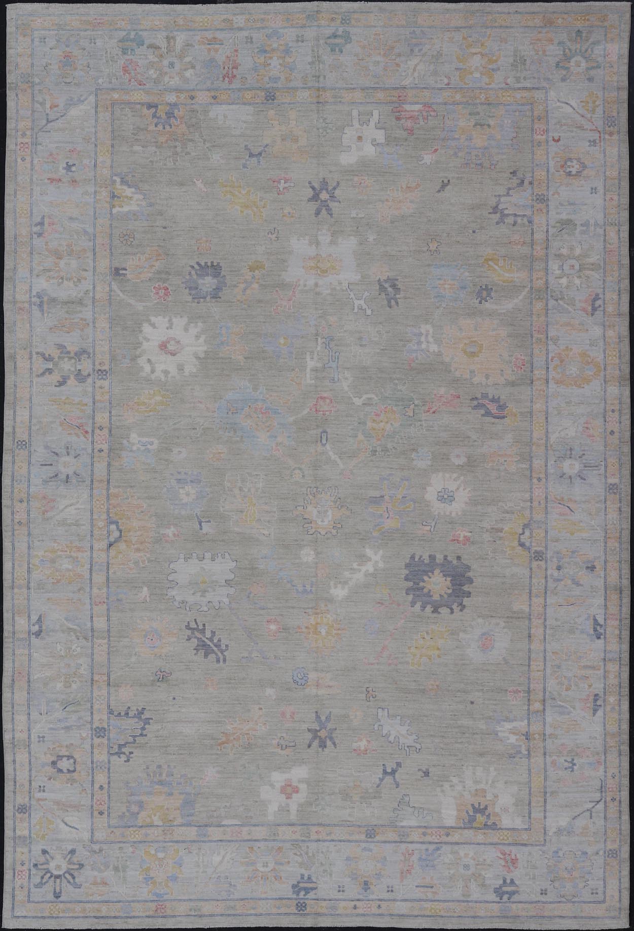 Measures: 12'1 x 17'10 Modern Large Oushak by Keivan Woven Arts with Floral Motifs. Keivan Woven Arts; rug AWR - 405 Country of Origin: Afghanistan Type: Oushak Design. This large Oushak has a border and background that are covered in floral - l... - Keivan Woven ArtsAWR - 405 - 27454Rug