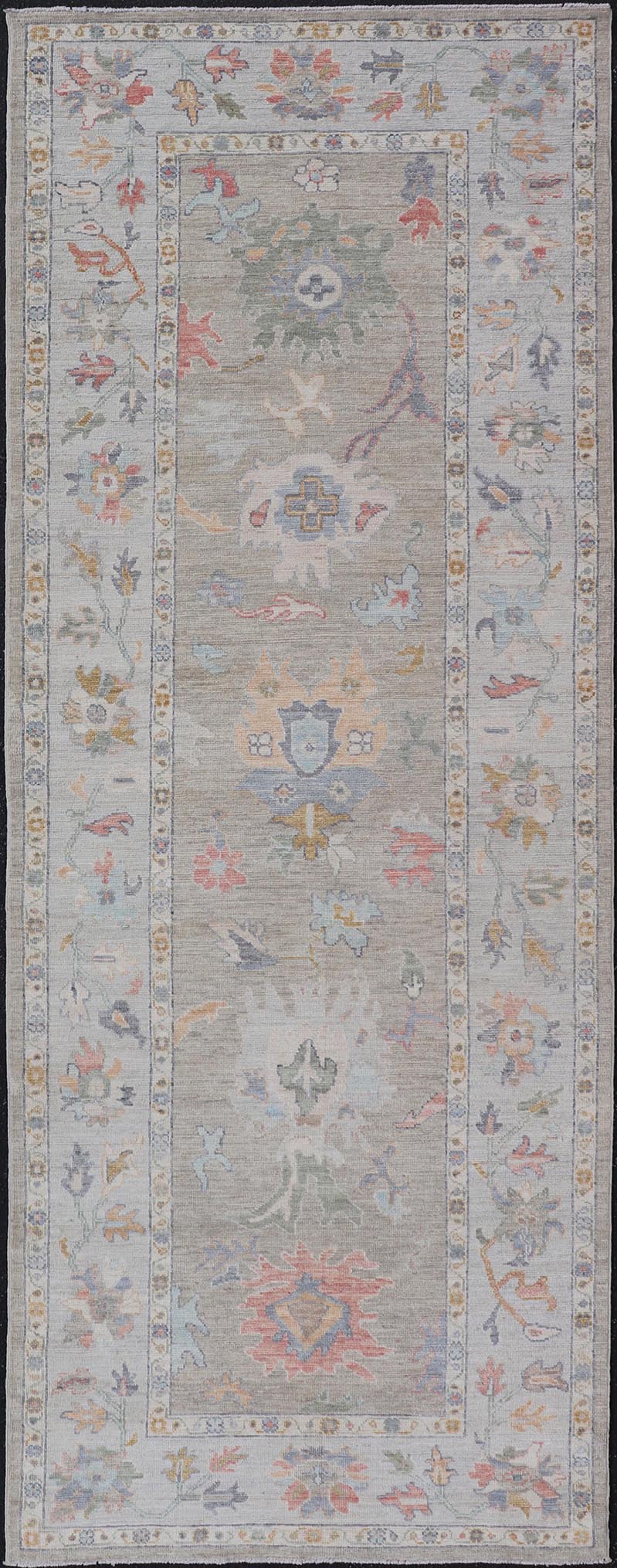 Measures: 4'1 x 11'5 Gallery Oushak Runner by Keivan Woven Arts with Floral Design. Keivan Woven Arts; rug AWR - 460 Country of Origin: Afghanistan Type: Oushak Design: Medallion, Motif, Floral Motif. This modern piece holds all - over design in th... - Keivan Woven ArtsAWR - 460 - 27466Rug
