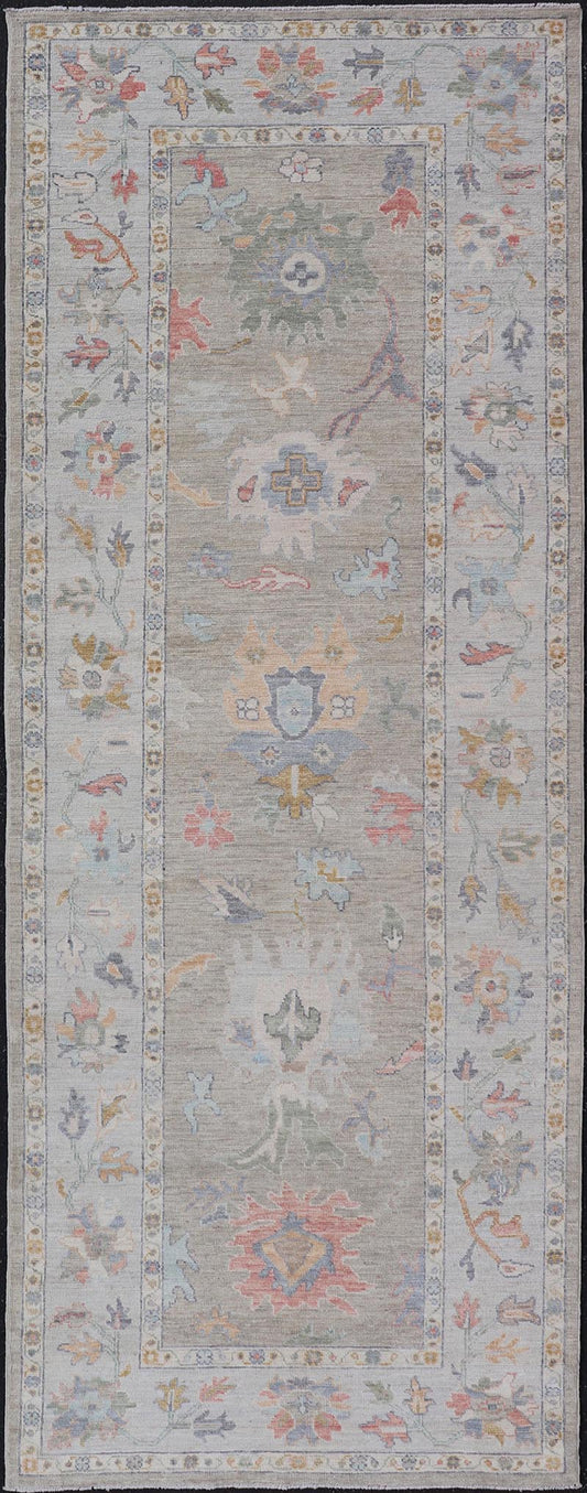 Measures: 4'1 x 11'5 Gallery Oushak Runner by Keivan Woven Arts with Floral Design. Keivan Woven Arts; rug AWR - 460 Country of Origin: Afghanistan Type: Oushak Design: Medallion, Motif, Floral Motif. This modern piece holds all - over design in th... - Keivan Woven ArtsAWR - 460 - 27466Rug