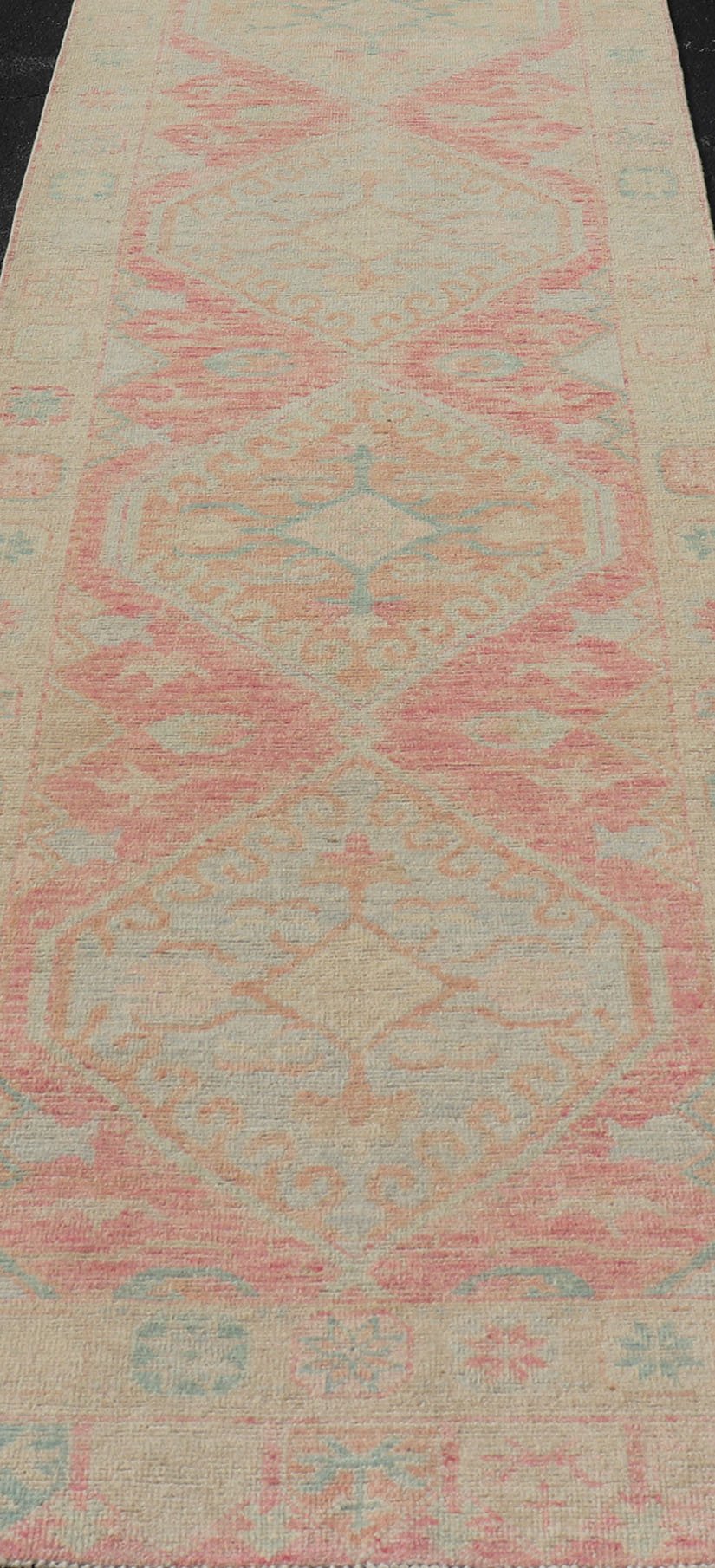 Modern Hand Knotted Oushak Runner With Medallions in Pink's and Creams. Keivan Woven Arts; AWR - 4982 Country of Origin: Afghanistan Type: Oushak Design: Tribal, Measures: 3'0 x 12'9 This long Oushak runner has a light pink background with ... - Keivan Woven ArtsAWR - 4982 - 17136Rug