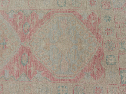 Modern Hand Knotted Oushak Runner With Medallions in Pink's and Creams. Keivan Woven Arts; AWR - 4982 Country of Origin: Afghanistan Type: Oushak Design: Tribal, Measures: 3'0 x 12'9 This long Oushak runner has a light pink background with ... - Keivan Woven ArtsAWR - 4982 - 17136Rug