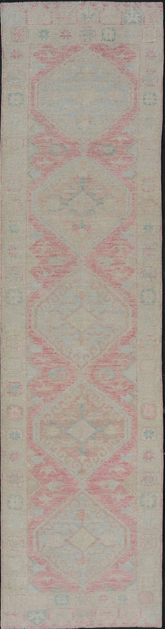 Modern Hand Knotted Oushak Runner With Medallions in Pink's and Creams. Keivan Woven Arts; AWR - 4982 Country of Origin: Afghanistan Type: Oushak Design: Tribal, Measures: 3'0 x 12'9 This long Oushak runner has a light pink background with ... - Keivan Woven ArtsAWR - 4982 - 17136Rug