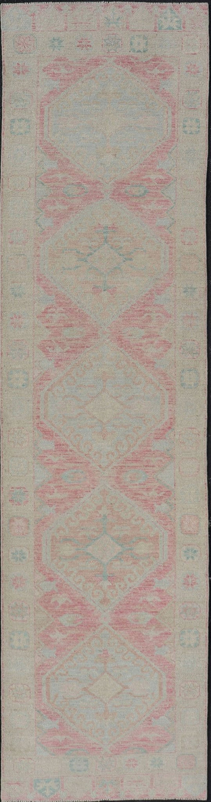 Modern Hand Knotted Oushak Runner With Medallions in Pink's and Creams. Keivan Woven Arts; AWR - 4982 Country of Origin: Afghanistan Type: Oushak Design: Tribal, Measures: 3'0 x 12'9 This long Oushak runner has a light pink background with ... - Keivan Woven ArtsAWR - 4982 - 17136Rug