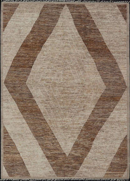 Measures: 10'6 x 14'1. This modern casual tribal rug has been hand - knotted in wool. The rug features a large modern diamond design, rendered in brown, tan, and cream; making this rug a superb fit for a variety of interiors. Modern Hand - Knotted Ru... - Keivan Woven ArtsAWR - 5004 - 17148Rug