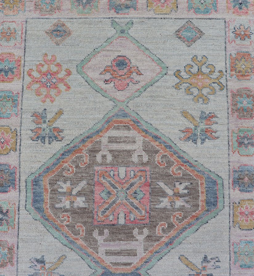 Colorful Modern Oushak Runner With Diamond Medallions and Multi - Tier Border Colorful Modern Oushak Runner With Diamond Medallions and Multi - Tier Border, Keivan Woven Arts; rug AWR - 5089 / Country of Origin: Afghanistan Type: Oushak Design: Medall... - Keivan Woven ArtsAWR - 5089 - 17328Rug