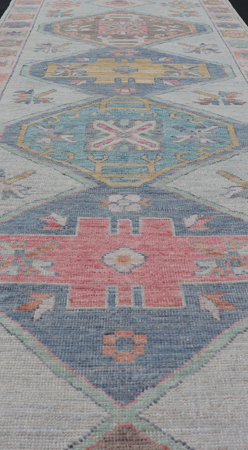 Colorful Modern Oushak Runner With Diamond Medallions and Multi - Tier Border Colorful Modern Oushak Runner With Diamond Medallions and Multi - Tier Border, Keivan Woven Arts; rug AWR - 5089 / Country of Origin: Afghanistan Type: Oushak Design: Medall... - Keivan Woven ArtsAWR - 5089 - 17328Rug