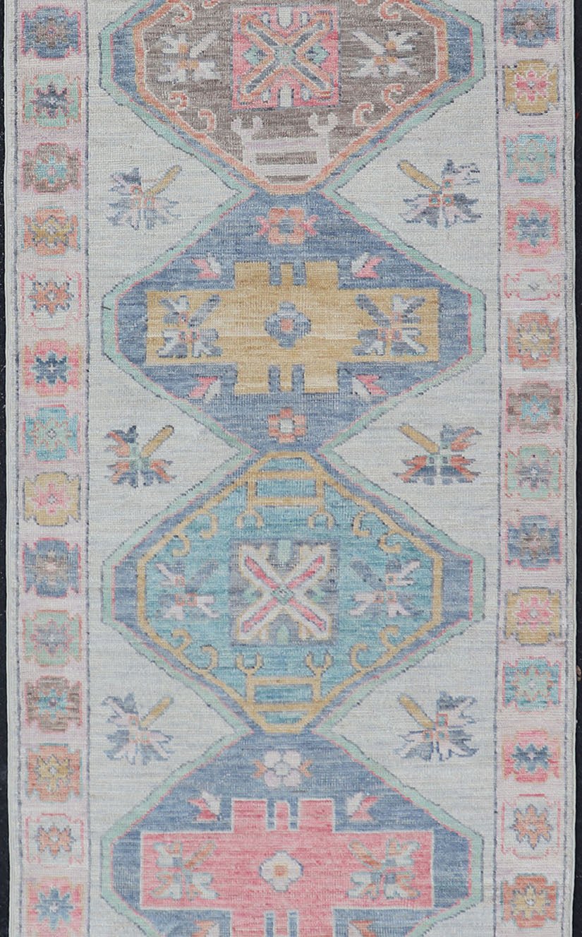 Colorful Modern Oushak Runner With Diamond Medallions and Multi - Tier Border Colorful Modern Oushak Runner With Diamond Medallions and Multi - Tier Border, Keivan Woven Arts; rug AWR - 5089 / Country of Origin: Afghanistan Type: Oushak Design: Medall... - Keivan Woven ArtsAWR - 5089 - 17328Rug