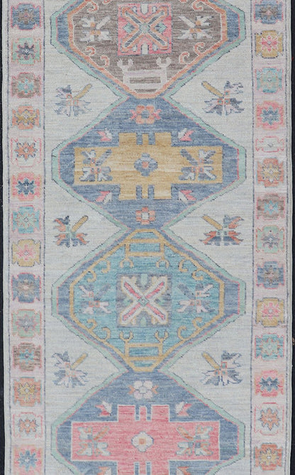 Colorful Modern Oushak Runner With Diamond Medallions and Multi - Tier Border Colorful Modern Oushak Runner With Diamond Medallions and Multi - Tier Border, Keivan Woven Arts; rug AWR - 5089 / Country of Origin: Afghanistan Type: Oushak Design: Medall... - Keivan Woven ArtsAWR - 5089 - 17328Rug