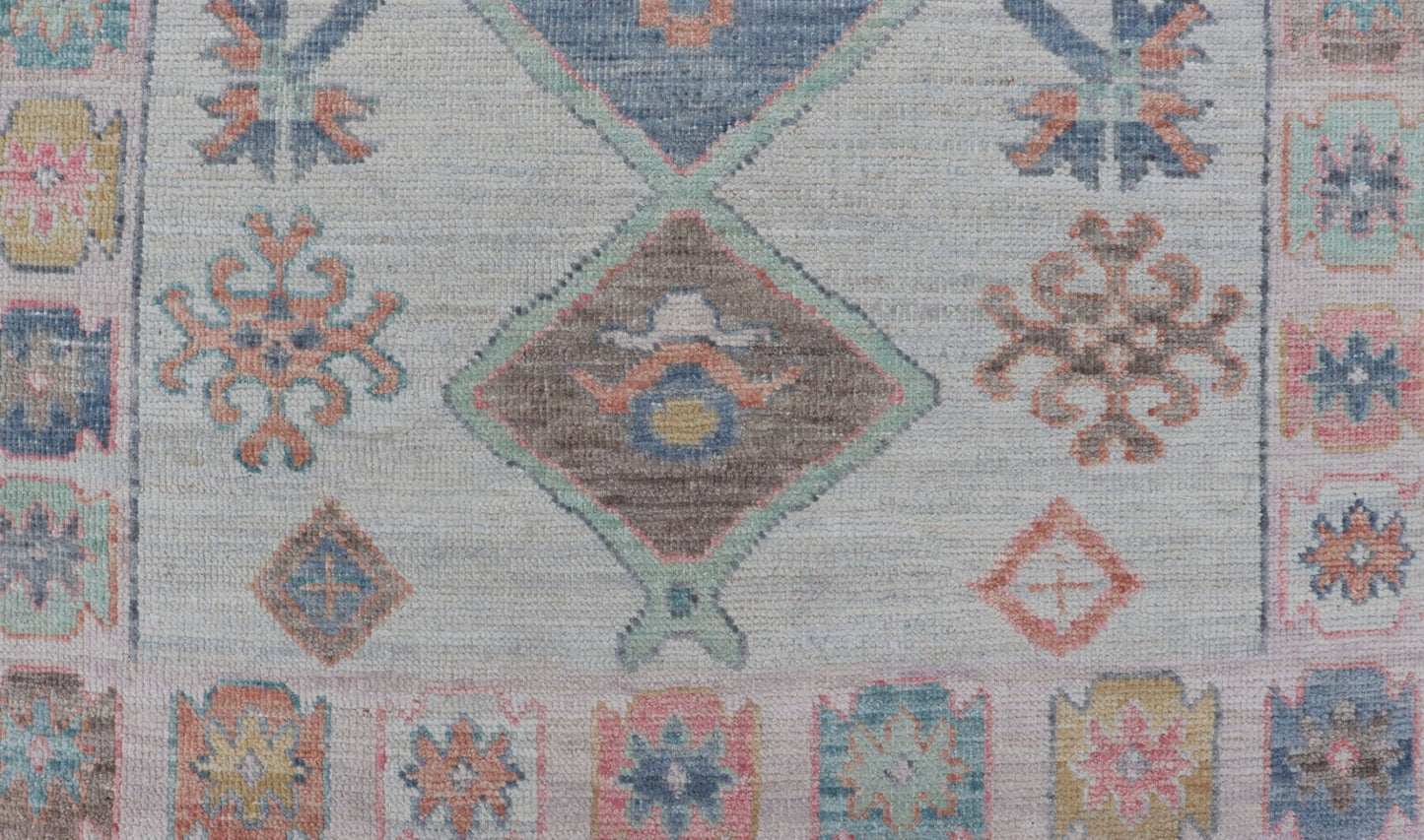 Colorful Modern Oushak Runner With Diamond Medallions and Multi - Tier Border Colorful Modern Oushak Runner With Diamond Medallions and Multi - Tier Border, Keivan Woven Arts; rug AWR - 5089 / Country of Origin: Afghanistan Type: Oushak Design: Medall... - Keivan Woven ArtsAWR - 5089 - 17328Rug