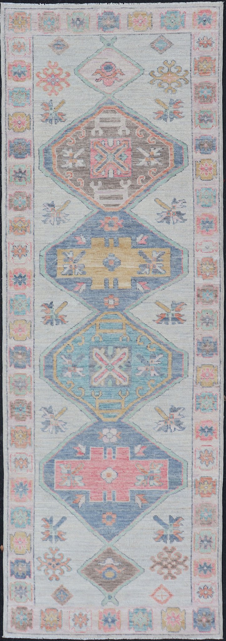Colorful Modern Oushak Runner With Diamond Medallions and Multi - Tier Border Colorful Modern Oushak Runner With Diamond Medallions and Multi - Tier Border, Keivan Woven Arts; rug AWR - 5089 / Country of Origin: Afghanistan Type: Oushak Design: Medall... - Keivan Woven ArtsAWR - 5089 - 17328Rug