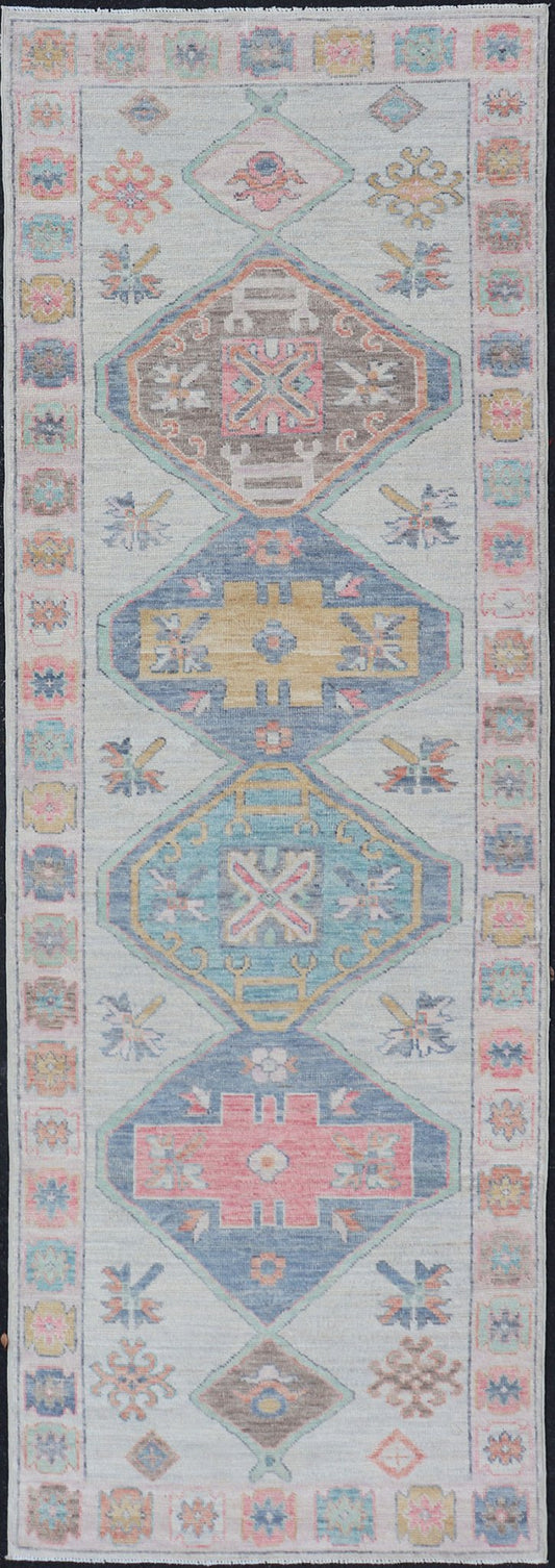 Colorful Modern Oushak Runner With Diamond Medallions and Multi - Tier Border Colorful Modern Oushak Runner With Diamond Medallions and Multi - Tier Border, Keivan Woven Arts; rug AWR - 5089 / Country of Origin: Afghanistan Type: Oushak Design: Medall... - Keivan Woven ArtsAWR - 5089 - 17328Rug