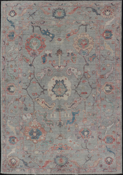 Modern All - Over Floral Oushak With a Light Blue - Gray Background And Multi - Colors. Keivan Woven Arts; rug AWR - 5109 Country of Origin: Afghanistan Type: Oushak Design: Floral, All - Over, Abstract Floral Measures: 5'0 x 7'6 This modern floral... - Keivan Woven ArtsAWR - 5109 - 17166Rug