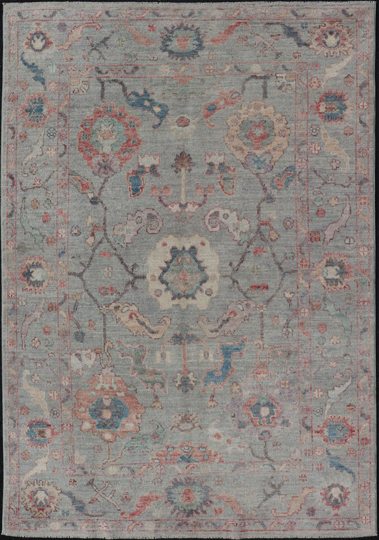 Modern All - Over Floral Oushak With a Light Blue - Gray Background And Multi - Colors. Keivan Woven Arts; rug AWR - 5109 Country of Origin: Afghanistan Type: Oushak Design: Floral, All - Over, Abstract Floral Measures: 5'0 x 7'6 This modern floral... - Keivan Woven ArtsAWR - 5109 - 17166Rug
