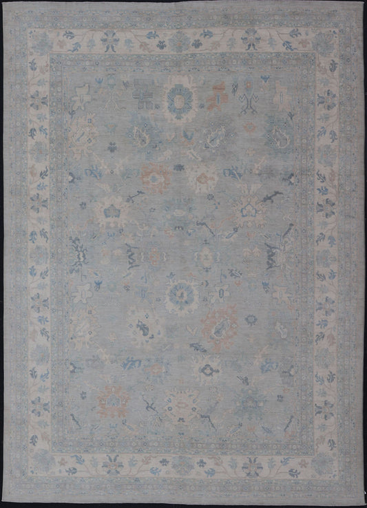Large Modern Oushak Rug with Soft Floral Motifs on Light Gray Background Very Large Modern Afghan Oushak rug with soft floral motifs on light gray background. Keivan Woven Arts; rug AWR - 556 Country of Origin: Afghanistan Type: Oushak Design: Flo... - Keivan Woven ArtsAWR - 556 - 21331Rug