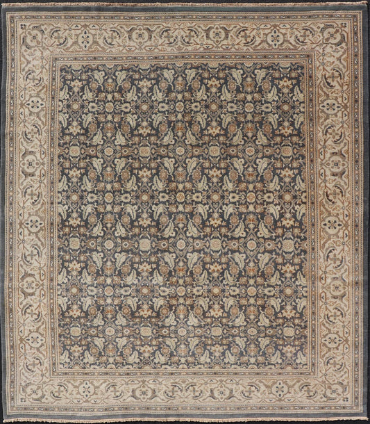 Measures: 9'7 x 11'7 Modern Tabriz Design with Sub - Geometric Herati Design On A Blue Background. Floral Herati Tabriz, Keivan Woven Arts/rug AWR - 59, country of origin / type: Egypt / Tabriz Design, circa 2020s. This hand knotted Modern Tabriz de... - Keivan Woven ArtsAWR - 59 - 23163