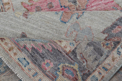 Hand - Knotted Modern Tribal Oushak Long Runner in Wool with Colorful Motifs This long Oushak runner has a cream background with a light gray border. The border has a leaflet - like design is rendered in green, coral, and blue with a hint of ye... - Keivan Woven ArtsAWR - 6026 - 19965Rug