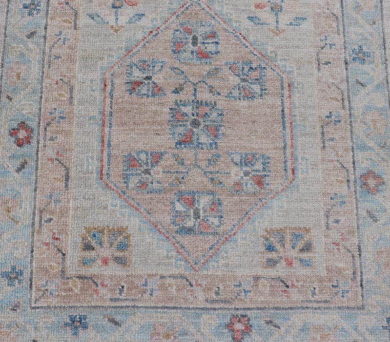 Hand - Knotted Oushak Runner with Medallion Design On A Cream Field With Blues This modern piece holds large medallions in the field, each of which are encasing floral - like motifs. The border is rendered in light blue and coral both embroidere... - Keivan Woven ArtsAWR - 6036 - 19977Rug