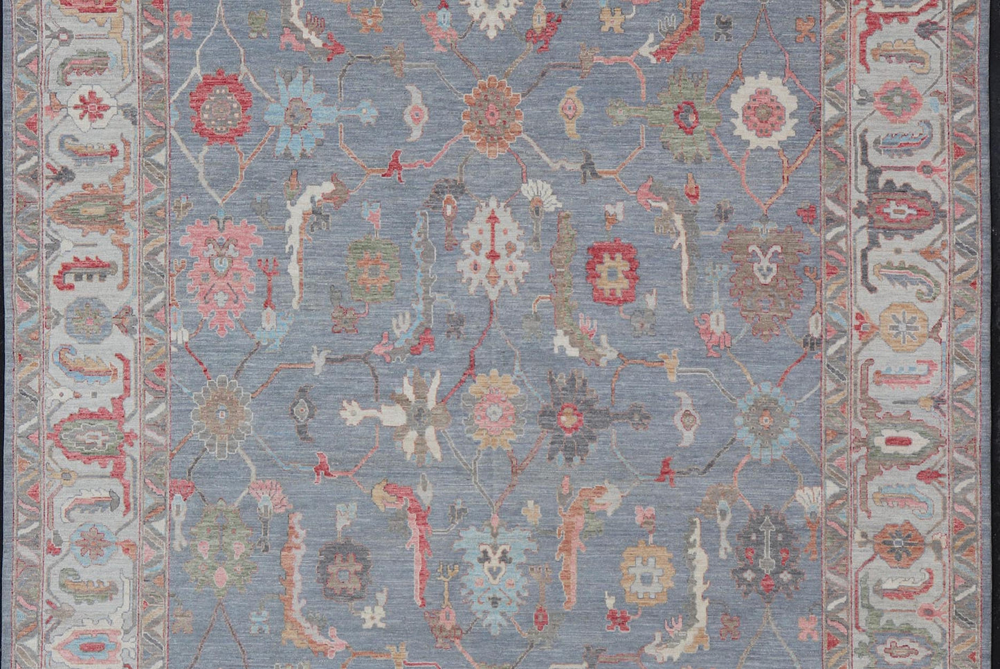Large Afghan Oushak Design with All - Over Multi Colored Floral Design in Wool This piece has very rich colors, from the enhanced dark gray - blue background, to the saturated tropical pinks and blues, oranges and taupe used in the design, The sligh... - Keivan Woven ArtsAWR - 6045 - 19995Rug
