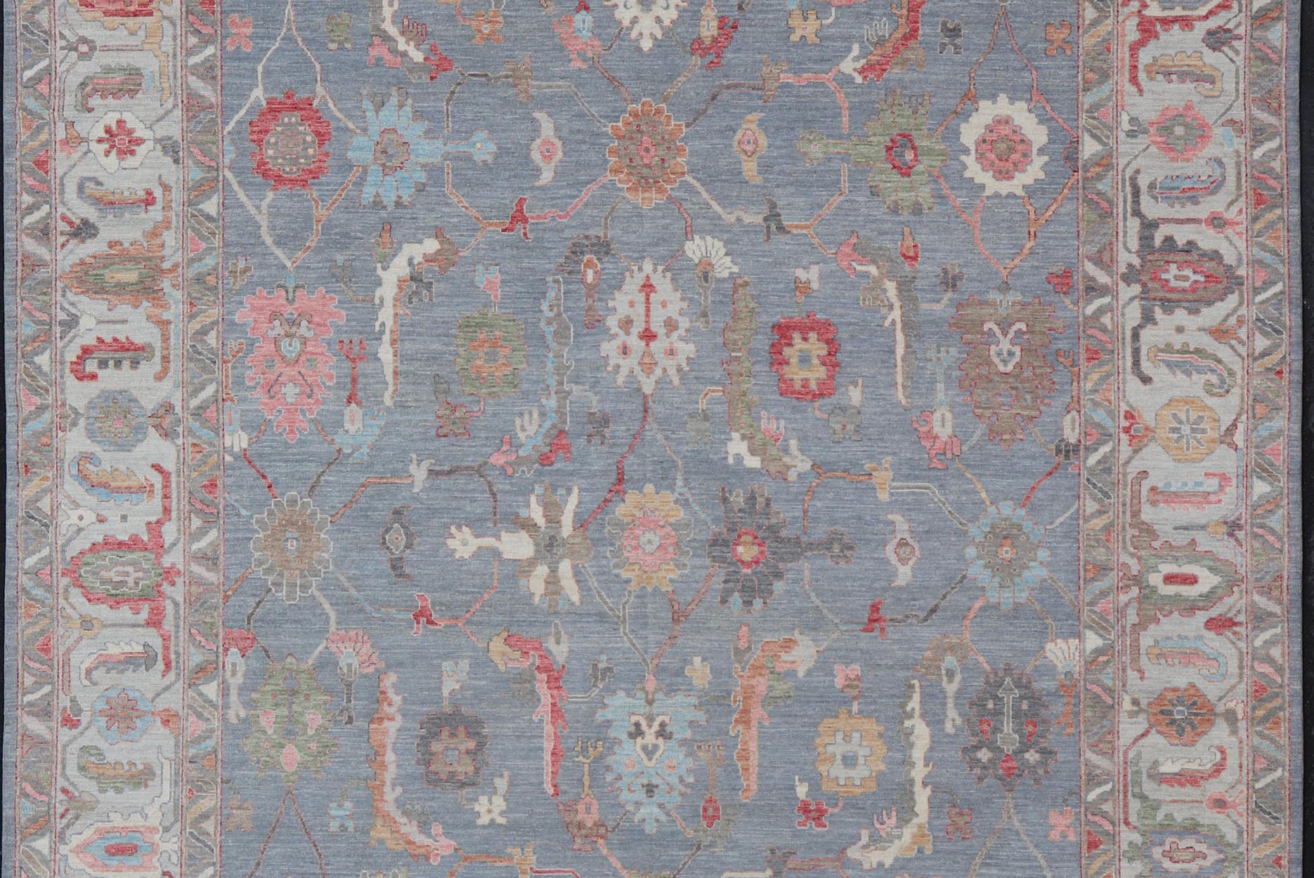 Large Afghan Oushak Design with All - Over Multi Colored Floral Design in Wool This piece has very rich colors, from the enhanced dark gray - blue background, to the saturated tropical pinks and blues, oranges and taupe used in the design, The sligh... - Keivan Woven ArtsAWR - 6045 - 19995Rug