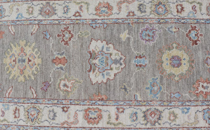 Hand - Knotted Modern Oushak Runner on Light Gray Field and Colorful Motifs This Oushak runner has been hand - knotted. The arabesque motifs scatter atop a light gray background. Within the field, bright displays of gold, teal, blue, pink, maroon, ... - Keivan Woven ArtsAWR - 6196 - 19899Rug