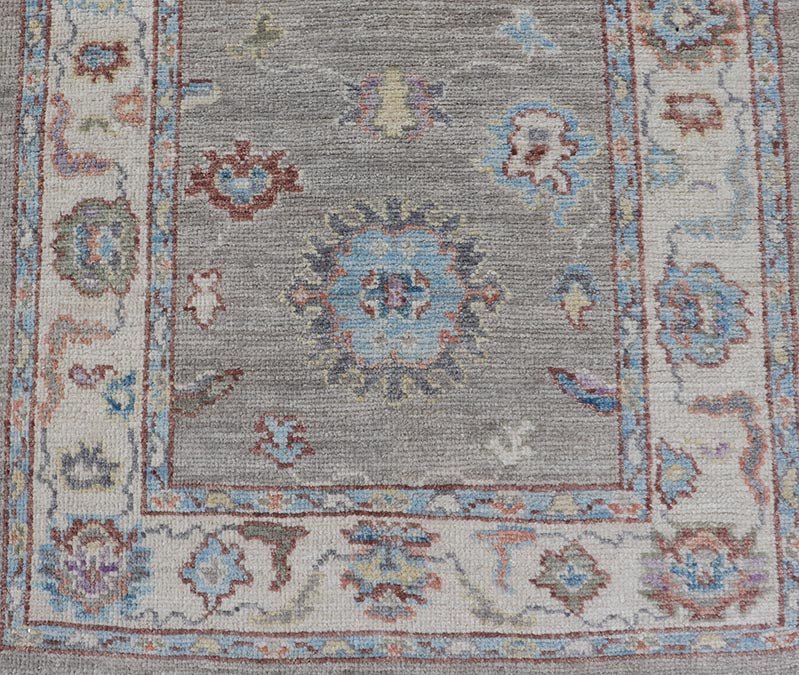 Hand - Knotted Modern Oushak Runner on Light Gray Field and Colorful Motifs This Oushak runner has been hand - knotted. The arabesque motifs scatter atop a light gray background. Within the field, bright displays of gold, teal, blue, pink, maroon, ... - Keivan Woven ArtsAWR - 6196 - 19899Rug