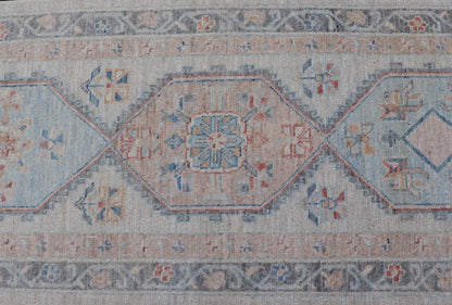 Modern Oushak Medallion Runner in Pastel Color Tones This Afghan Oushak presents a double - lined floral border on top of a light gray background, accenting colors such as blue, red, and salmon. These mix of tones gives a great contrast to many in... - Keivan Woven ArtsAWR - 6290 - 20037Rug