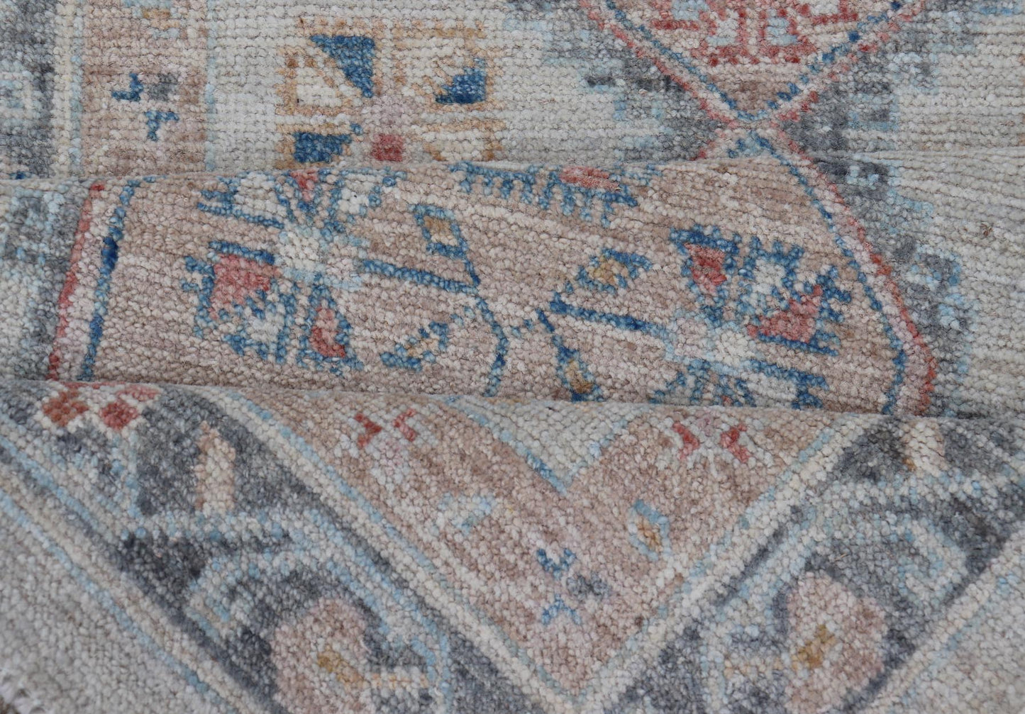 Modern Oushak Medallion Runner in Pastel Color Tones This Afghan Oushak presents a double - lined floral border on top of a light gray background, accenting colors such as blue, red, and salmon. These mix of tones gives a great contrast to many in... - Keivan Woven ArtsAWR - 6290 - 20037Rug