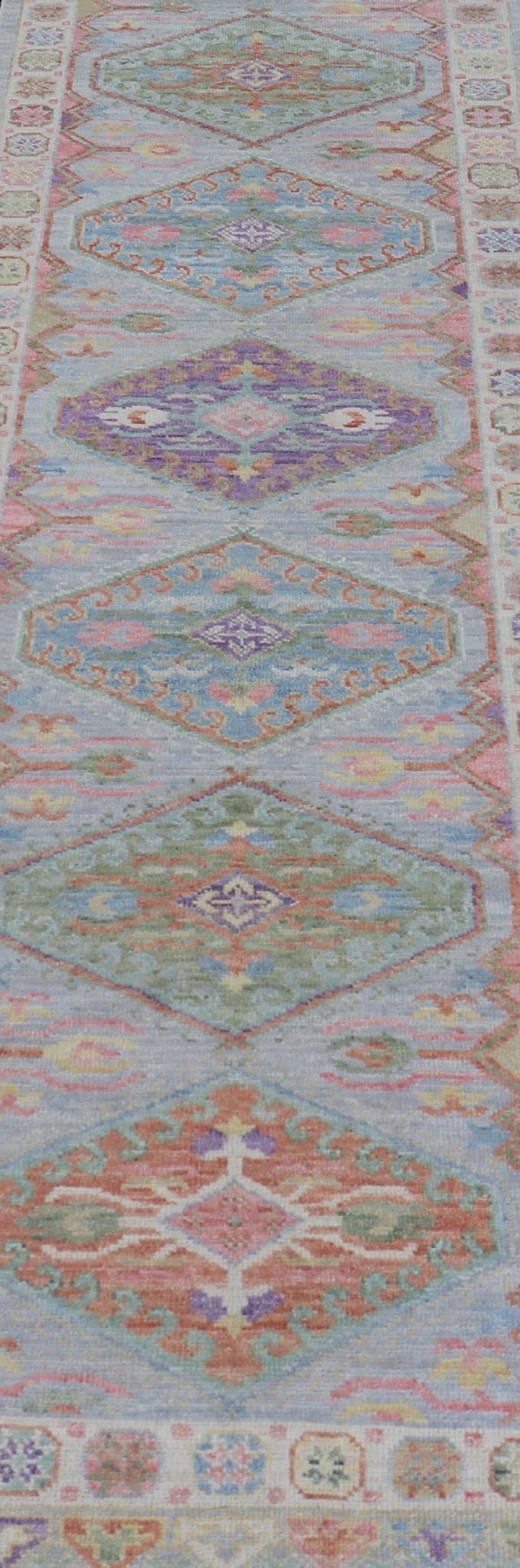 Colorful Modern Oushak Runner with Diamond Medallions and Multi - Tier Border This charismatic runner features star medallions on a double - lined border, and larger diamond medallions in the field. Each medallion boasting the craftsmanship of ... - Keivan Woven ArtsAWR - 6299 - 20043Rug