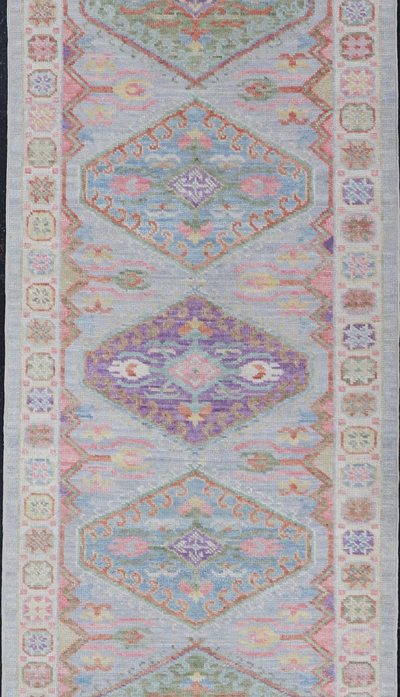 Colorful Modern Oushak Runner with Diamond Medallions and Multi - Tier Border This charismatic runner features star medallions on a double - lined border, and larger diamond medallions in the field. Each medallion boasting the craftsmanship of ... - Keivan Woven ArtsAWR - 6299 - 20043Rug