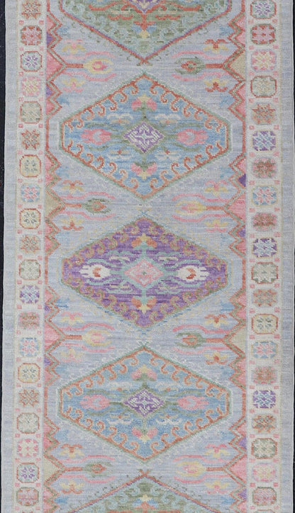 Colorful Modern Oushak Runner with Diamond Medallions and Multi - Tier Border This charismatic runner features star medallions on a double - lined border, and larger diamond medallions in the field. Each medallion boasting the craftsmanship of ... - Keivan Woven ArtsAWR - 6299 - 20043Rug
