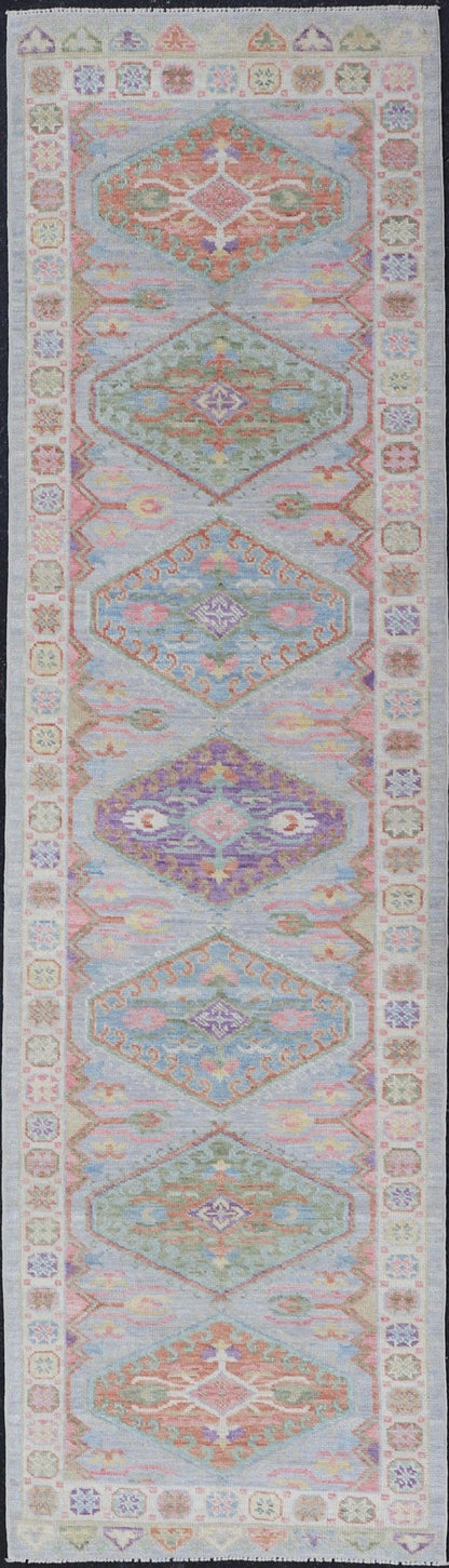 Colorful Modern Oushak Runner with Diamond Medallions and Multi - Tier Border This charismatic runner features star medallions on a double - lined border, and larger diamond medallions in the field. Each medallion boasting the craftsmanship of ... - Keivan Woven ArtsAWR - 6299 - 20043Rug