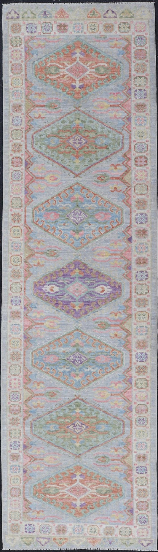 Colorful Modern Oushak Runner with Diamond Medallions and Multi - Tier Border This charismatic runner features star medallions on a double - lined border, and larger diamond medallions in the field. Each medallion boasting the craftsmanship of ... - Keivan Woven ArtsAWR - 6299 - 20043Rug