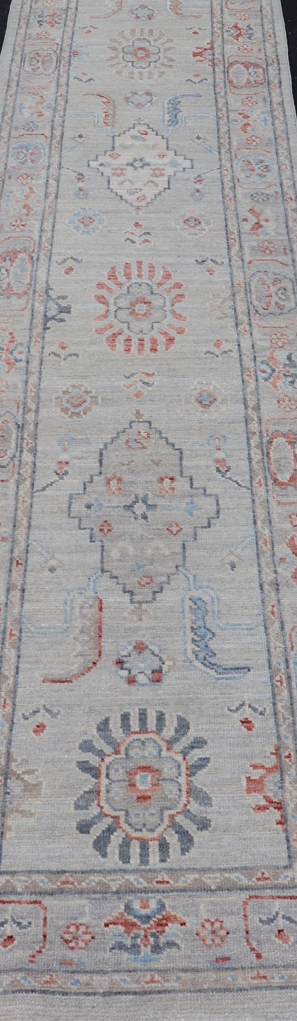 Hand Knotted Modern Oushak With Coral and Blue Motifs on Light Gray Background Hand - knotted Oushak runner fearing bright coral and blue tribal and floral motifs on a cool gray background. Measures: 2'5 x 11'7 Keivan Woven Arts: r... - Keivan Woven ArtsAWR - 6361 - 20067Rug